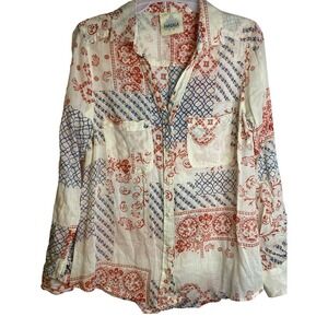 MASALA LONG SLEEVE BUTTON UP SHIRT WITH ROLL TAB BUTTONS V NECK PRINTED SIZE SM